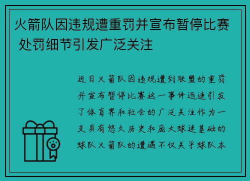 火箭队因违规遭重罚并宣布暂停比赛 处罚细节引发广泛关注
