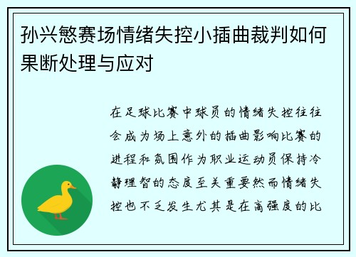 孙兴慜赛场情绪失控小插曲裁判如何果断处理与应对